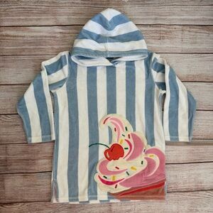 Mini Boden Blue and White Striped towellinv Hoodie with Cherry Cupcake Design